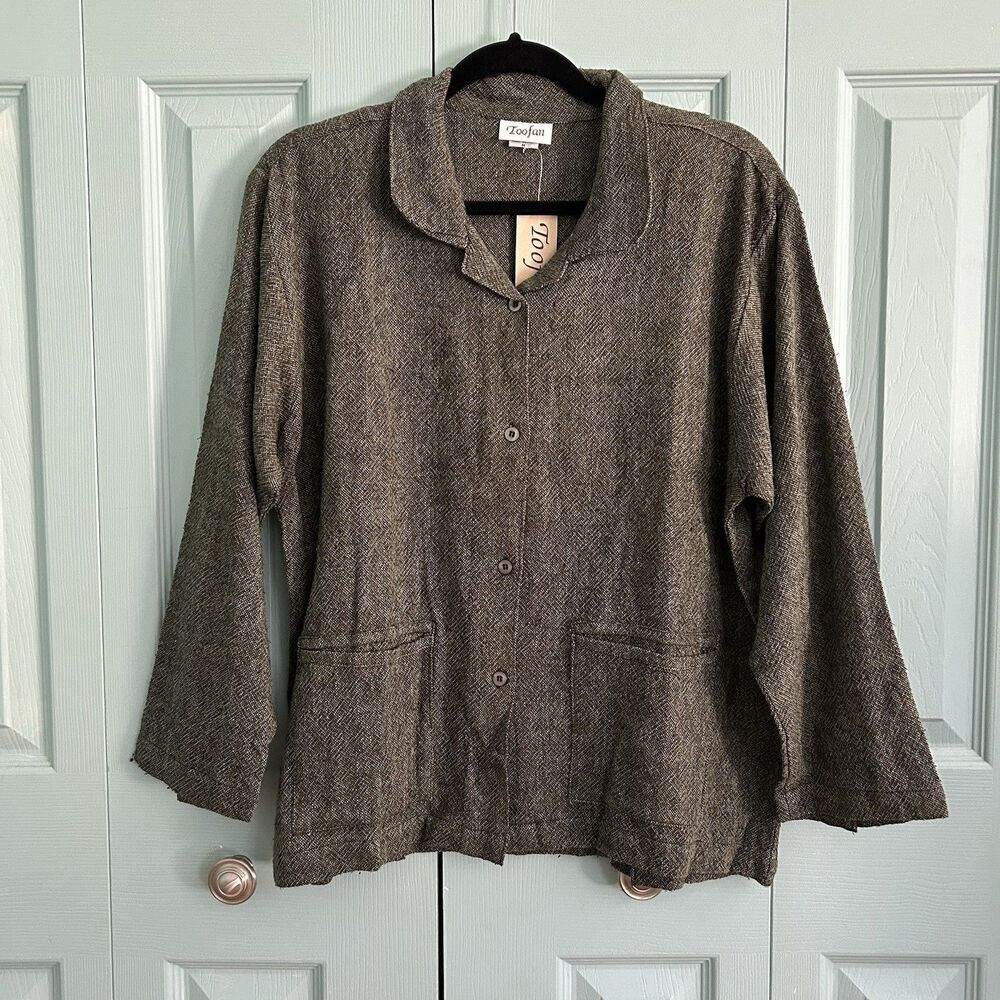 Toofan Womens Woven Button Front‎ Blouse Medium Olive Green Cotton Boho